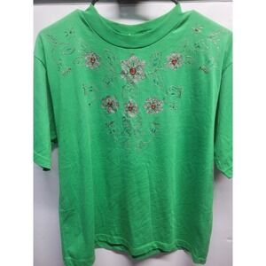 Simply Basic Womens Green Floral Glitter Rhinestone Graphic T-Shirt Large L